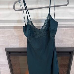 Elegant Lace Trim Satin Teal Dress